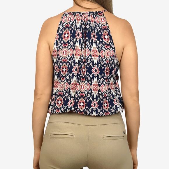 Lucy & Laurel Ikat Print Top Size S Blue Red Casual Boho Beachy Flowy Summer - Picture 2 of 14